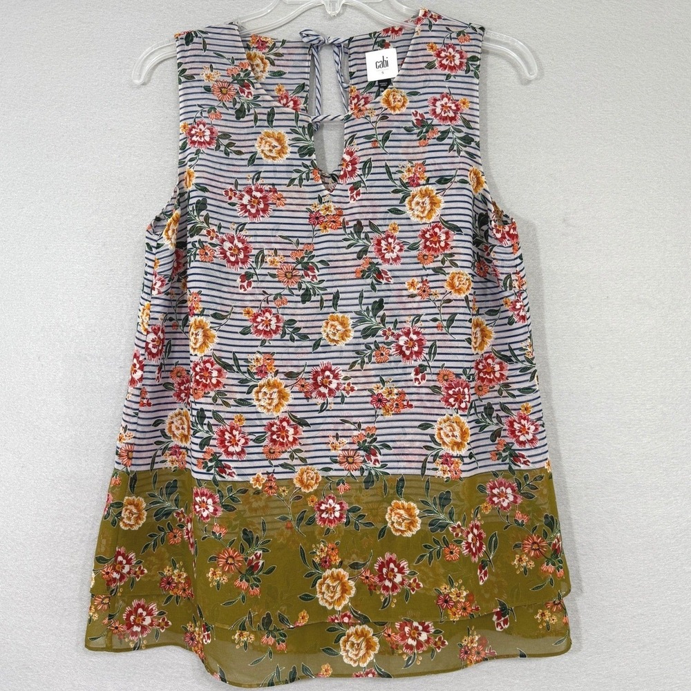 Cabi 5354 Floral Striped Tiered Tank Top Womens Size S Blue Olive Boho Chiffon